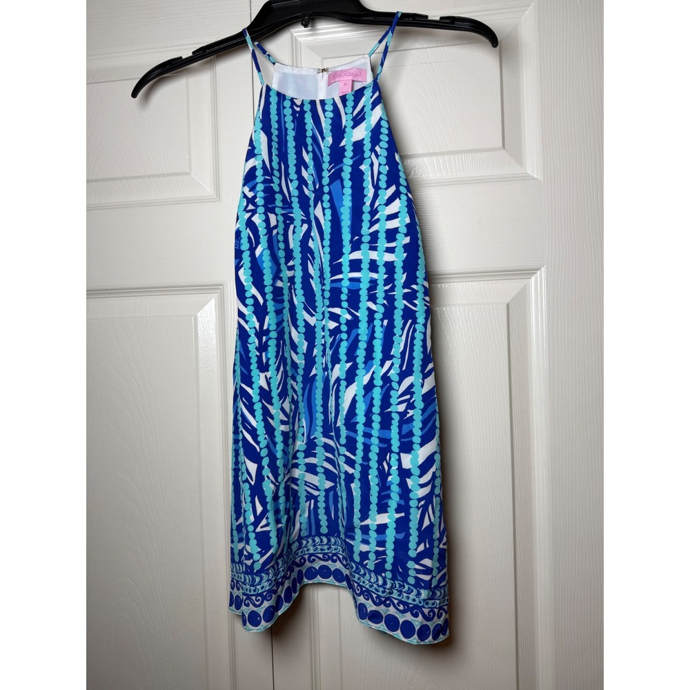 Lilly Pulitzer Samba Tank Top Silk Blue Teal Palm Print Halter Neck Women's M
